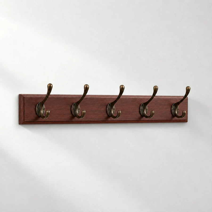 Vintage Wooden Wall Coat Rack with 5 Double Hooks – Dark Brown