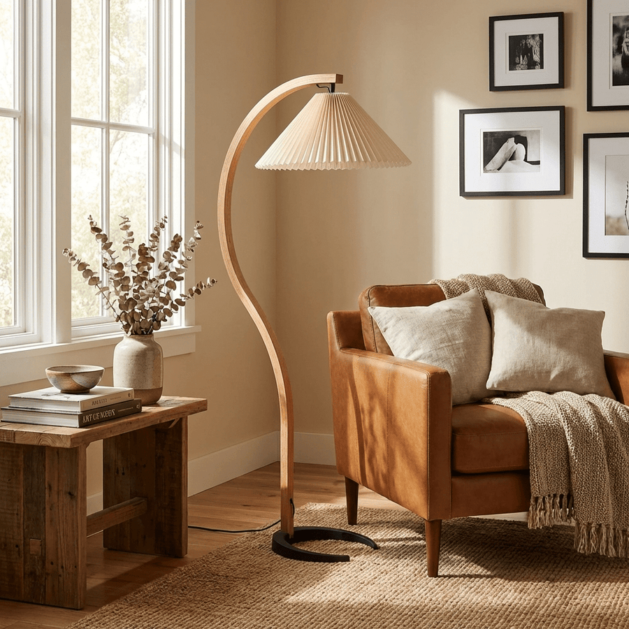 Curved Birch Wood Floor Lamp with Linen Shade – 150 cm