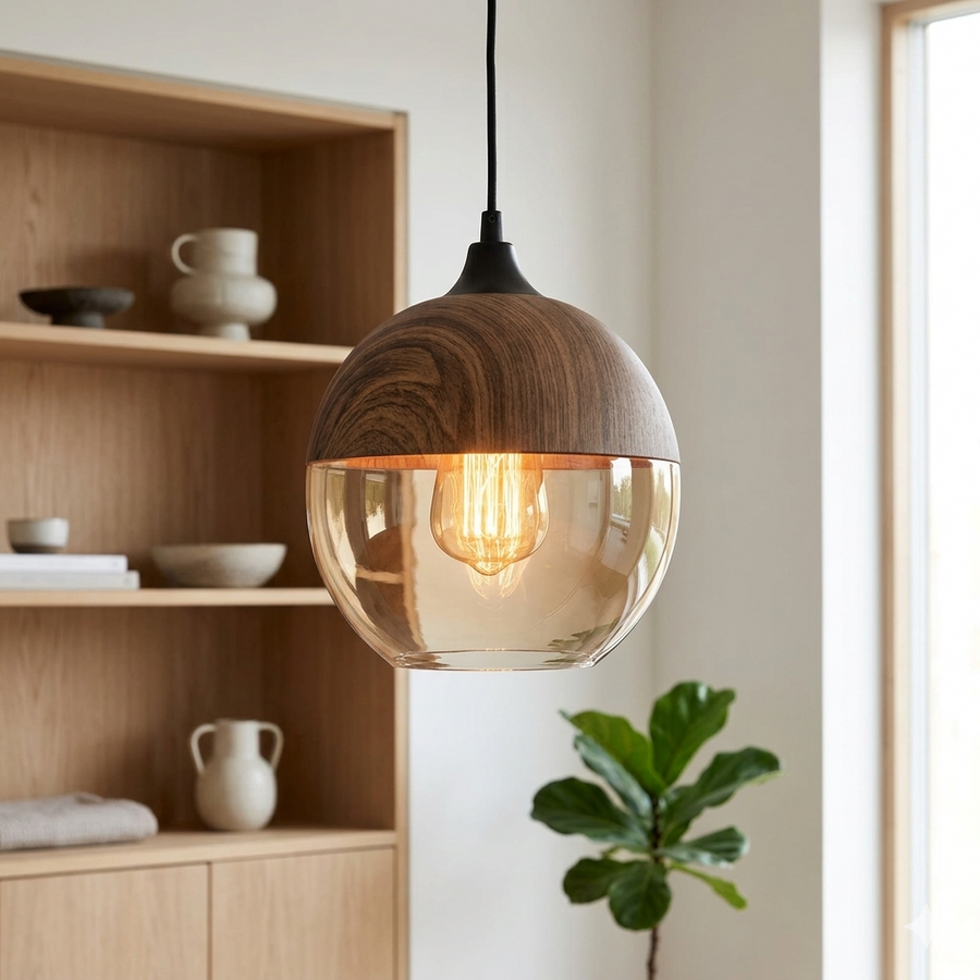 Glass Pendant Light with Wood-Look Detail
