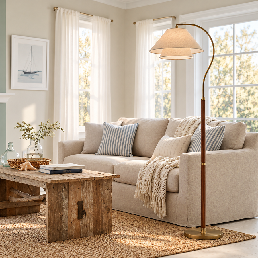 Floor Lamp with Double Fabric Shade and Wood Detail – 155 cm