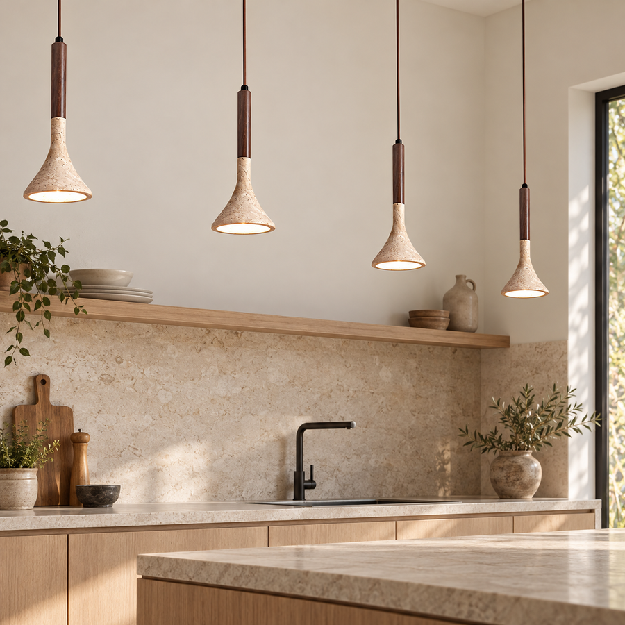 Travertine Pendant Light with Walnut Detail