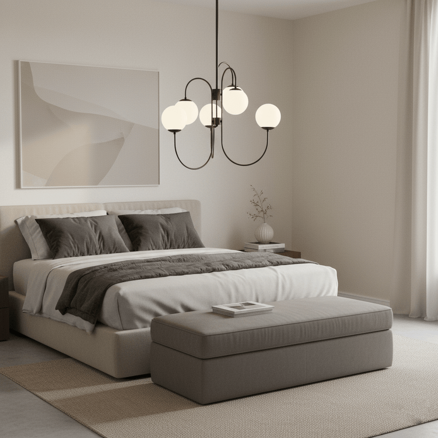 Curved-Arm Glass Globe Chandelier – White Shades, E12/E14