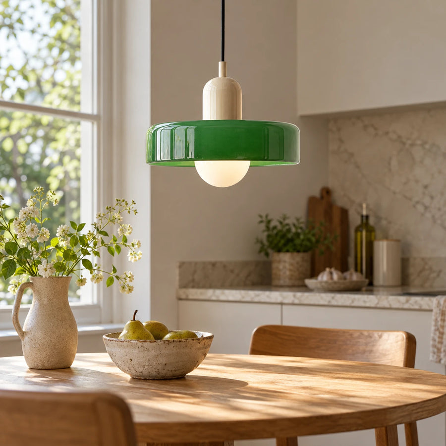 Bauhaus glass pendant light — green and beige in kitchen