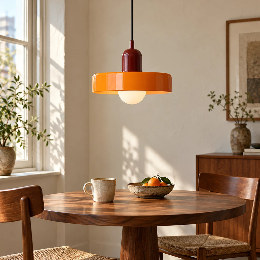 Bauhaus glass pendant light — orange and wine red in dining room