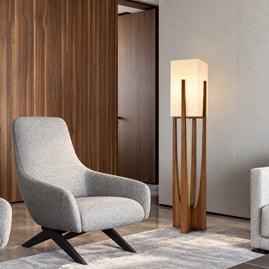 Ash Wood Floor Lamp with Fabric Shade and Copper Detail – E26