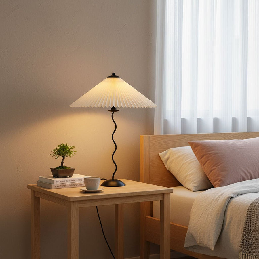 Wavy Stem Table Lamp with Pleated Fabric Shade – 60 cm
