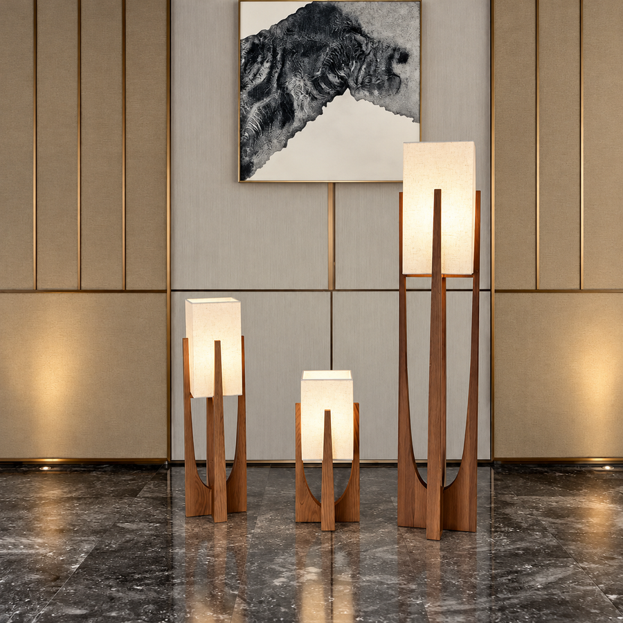 Ash Wood Floor Lamp with Fabric Shade and Copper Detail – E26