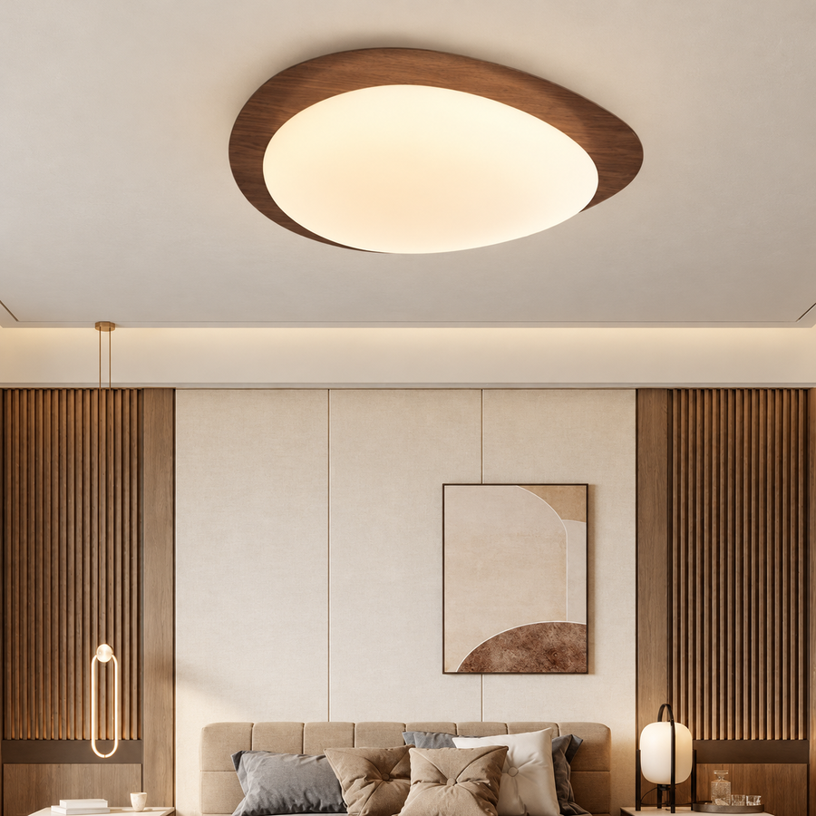 Pebble-Shaped LED Ceiling Light – Wood-Effect Finish