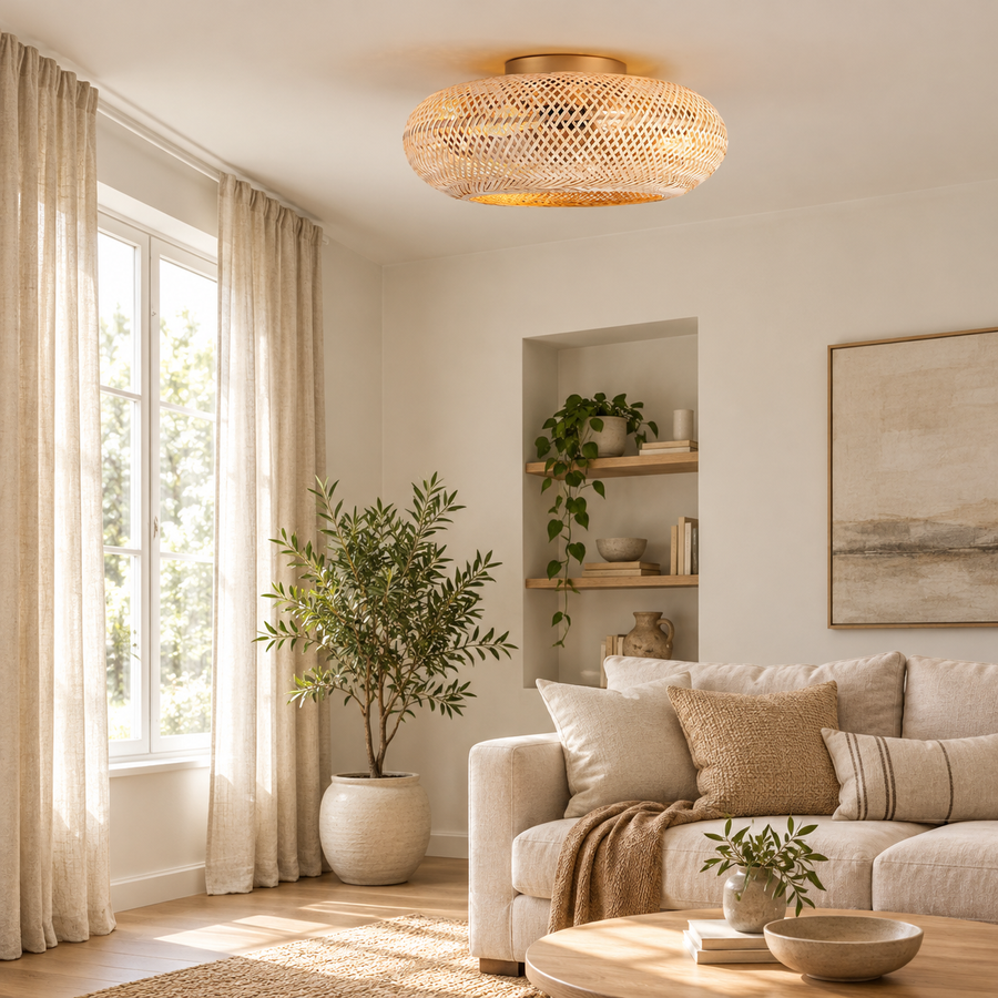 Woven Bamboo Ceiling Fan with Light – E26/E27, 45 cm