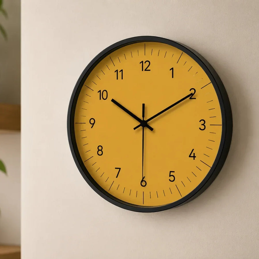 Yellow Analogue Wall Clock – Silent, 25–35 cm