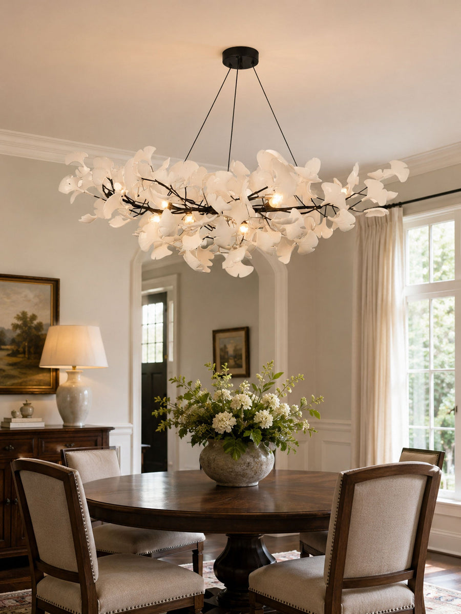 Porcelain Ginkgo Leaf Chandelier – Metal Branch Frame