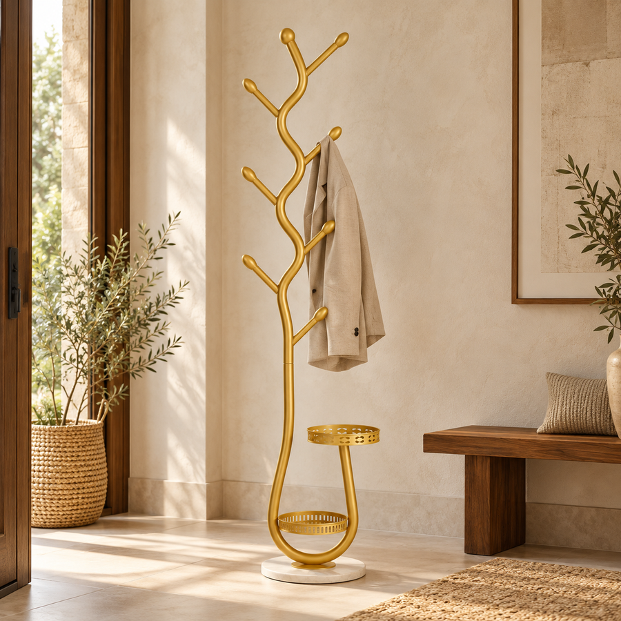 Gold Freestanding Coat Rack with Storage Trays – 168 cm in a warm modern home setting