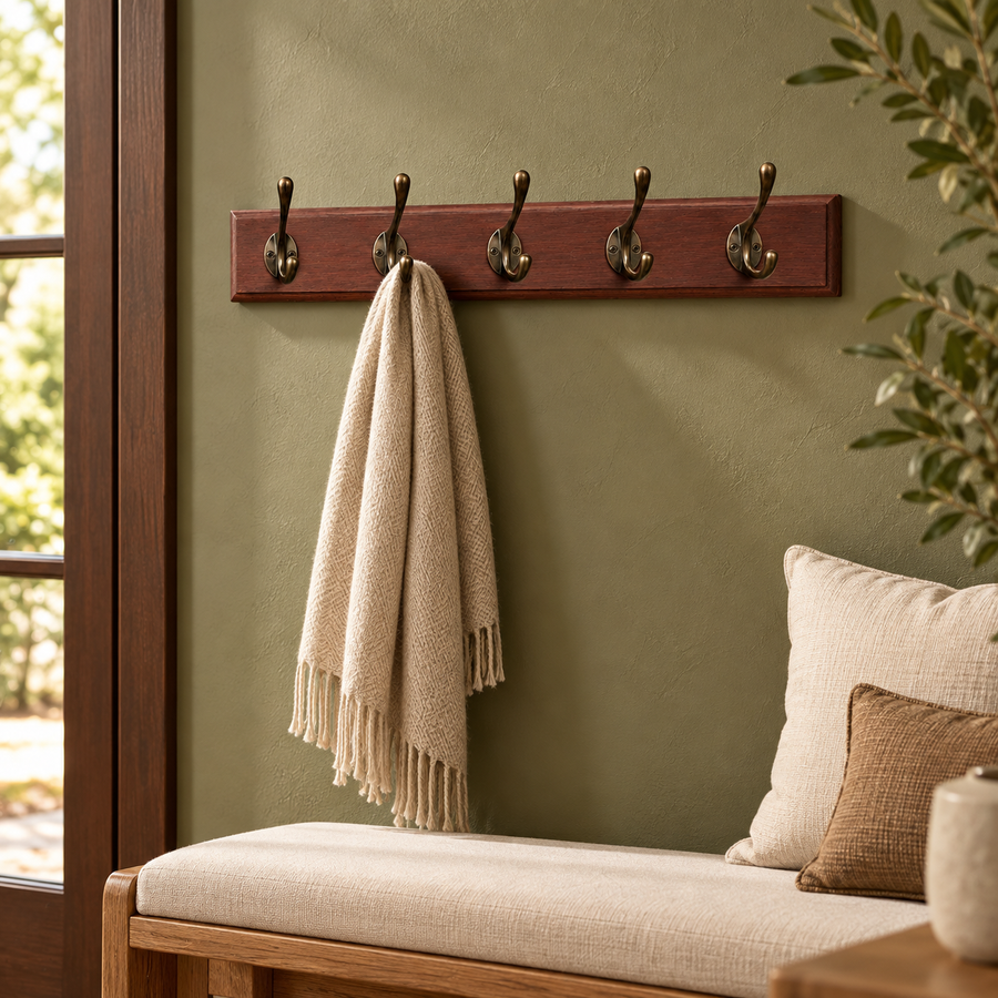 Vintage Wooden Wall Coat Rack with 5 Double Hooks – Dark Brown in a warm modern home setting