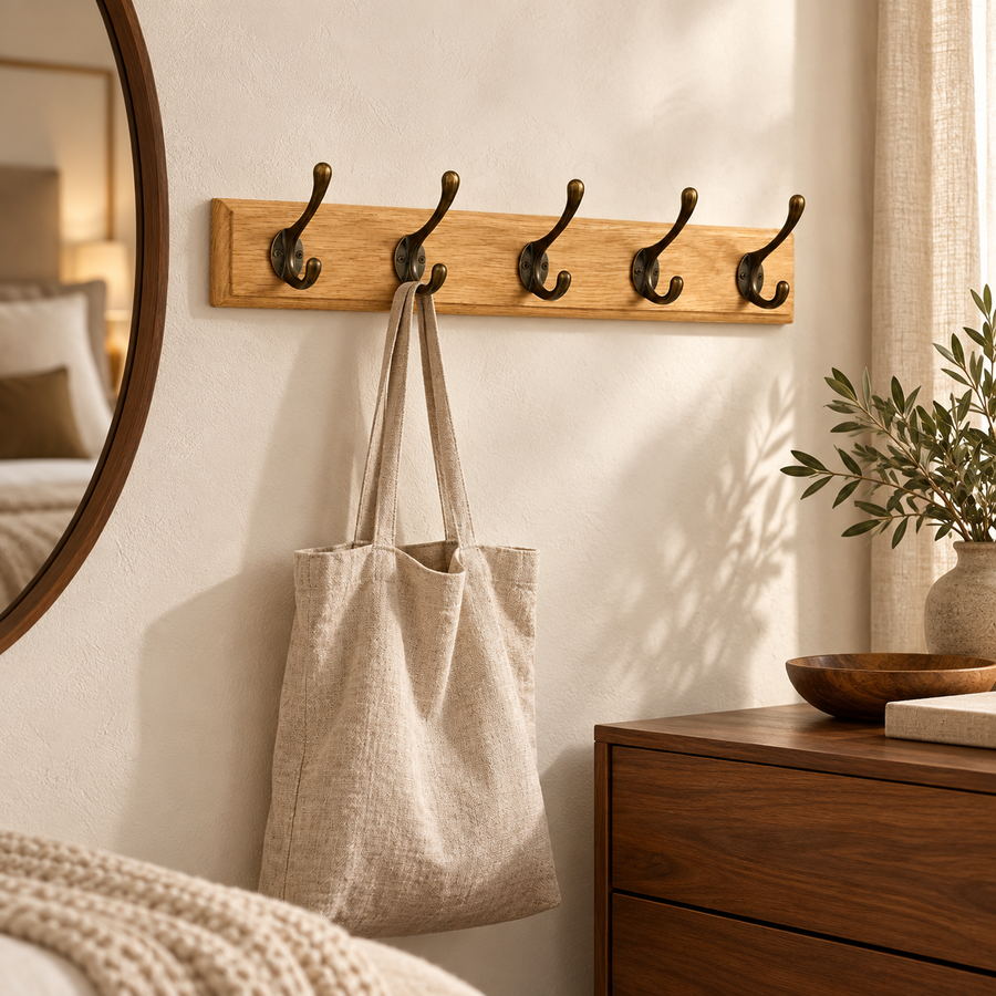 Vintage Wooden Wall Coat Rack with 5 Double Hooks – Natural Wood in a warm modern home setting