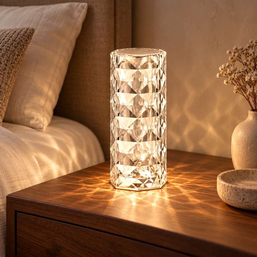 Rechargeable Crystal-Style LED Table Lamp with Touch Dimming in a warm modern home setting