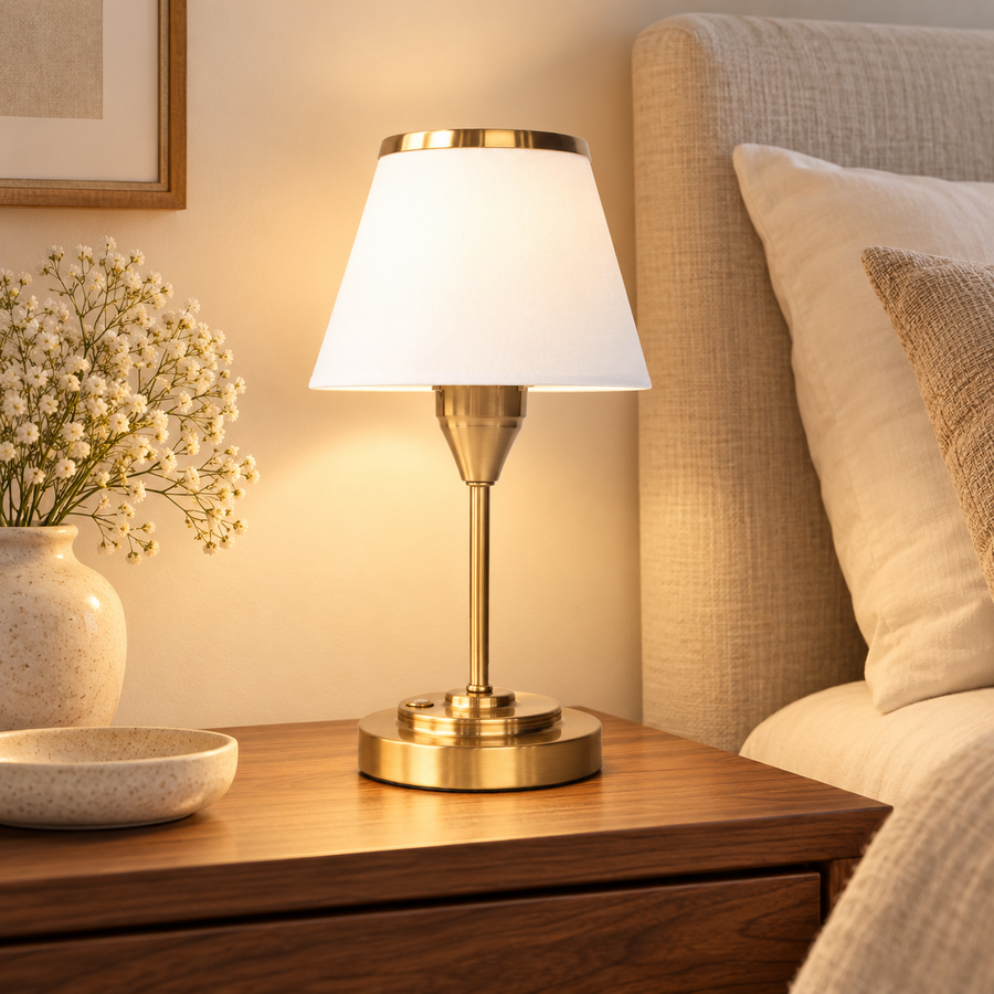 Rechargeable Fabric Shade Table Lamp, Gold Base – 28.5 cm in a warm modern interior