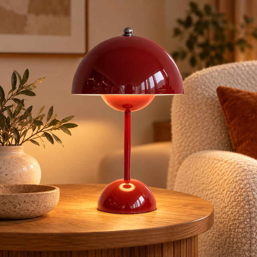 Mushroom LED Table Lamp with Touch Dimmer – Cordless or Plug-In in a warm modern interior