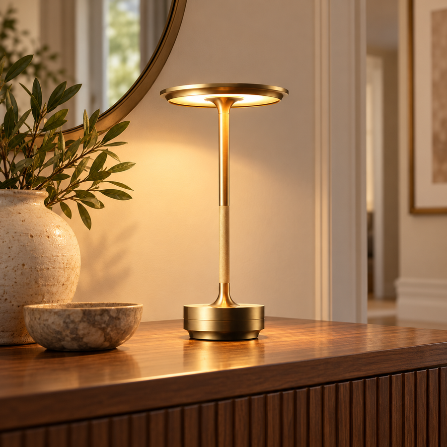 Rechargeable Disc LED Table Lamp with Touch Dimmer – 27.5 cm in a warm modern interior