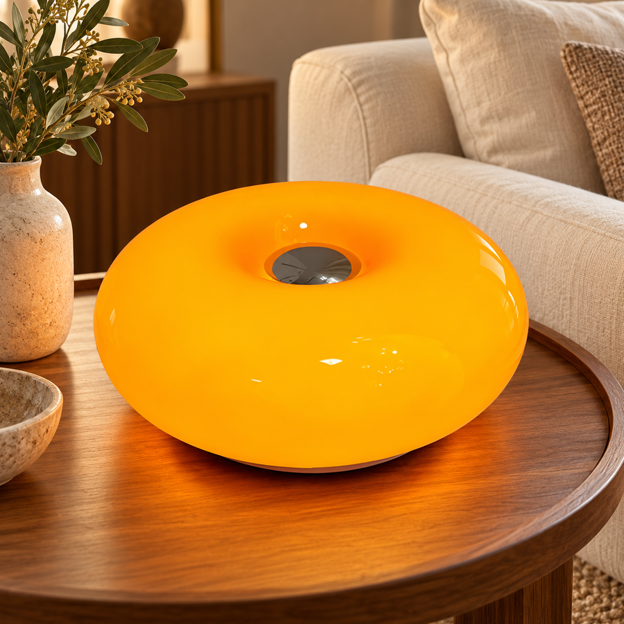 Glass Donut Table Lamp with LED Lighting – 30 cm in a modern home setting