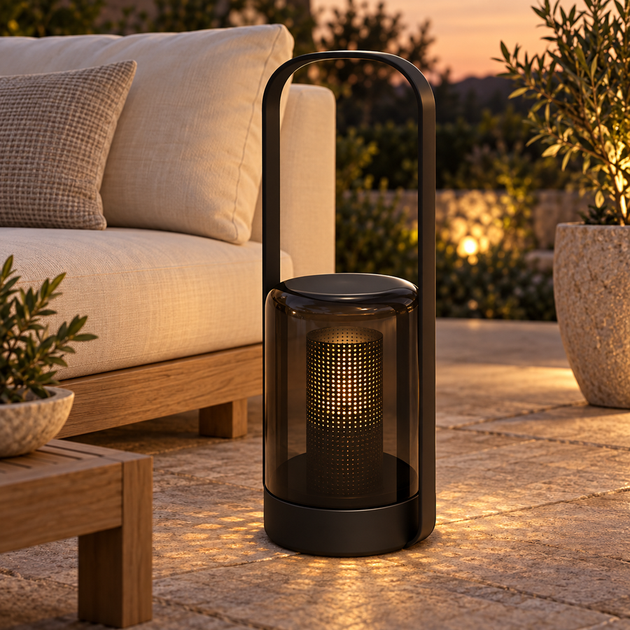 Black Solar Garden Lantern with Carry Handle – 53 cm in a modern home setting
