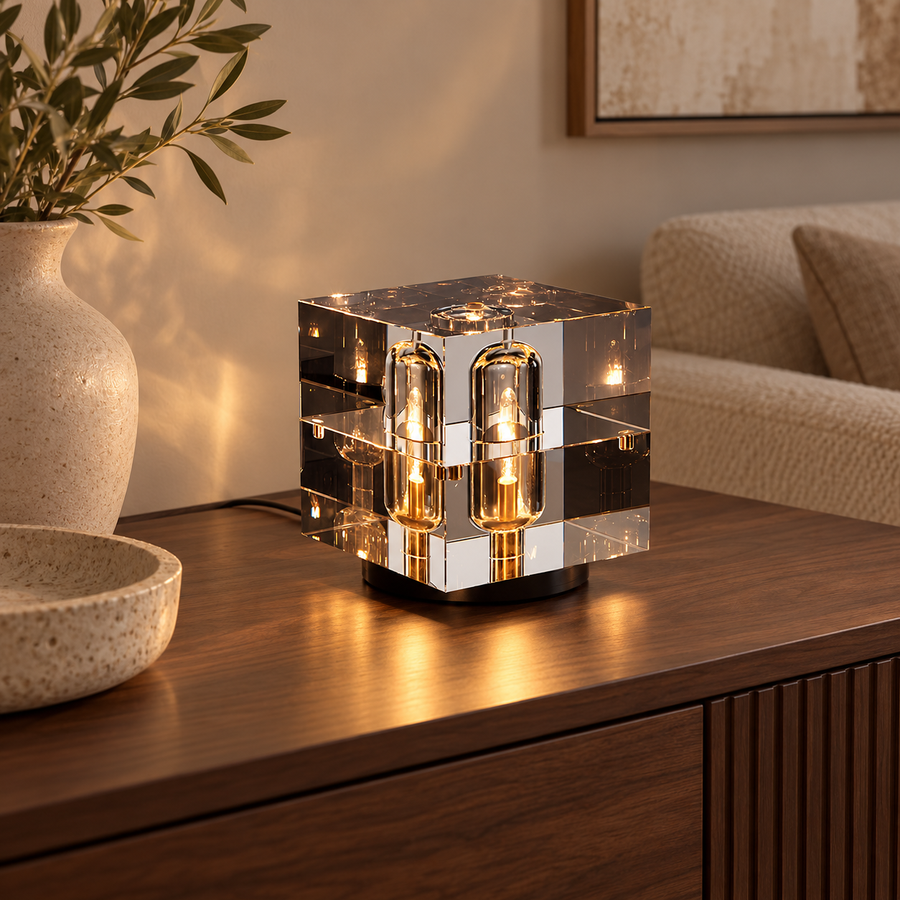 Decorative Glass LED Table Lamp – Square or Tall Design in a modern home setting