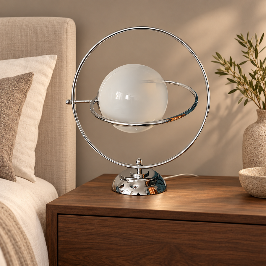 Glass Globe Table Lamp with Orbital Metal Frame – 45 cm in a modern home setting