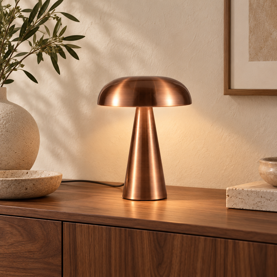 Rechargeable Metal Mushroom Table Lamp with 3 Brightness Levels in a modern home setting