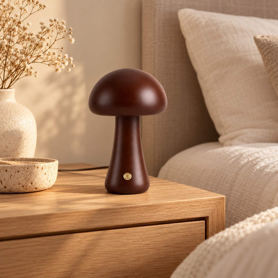 Rechargeable Wooden Mushroom Table Lamp – Walnut or Oak in a modern home setting