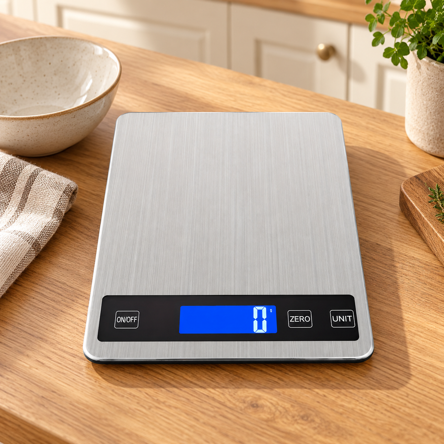 USB Rechargeable Digital Kitchen Scale, 15 kg with Tare in a modern home setting
