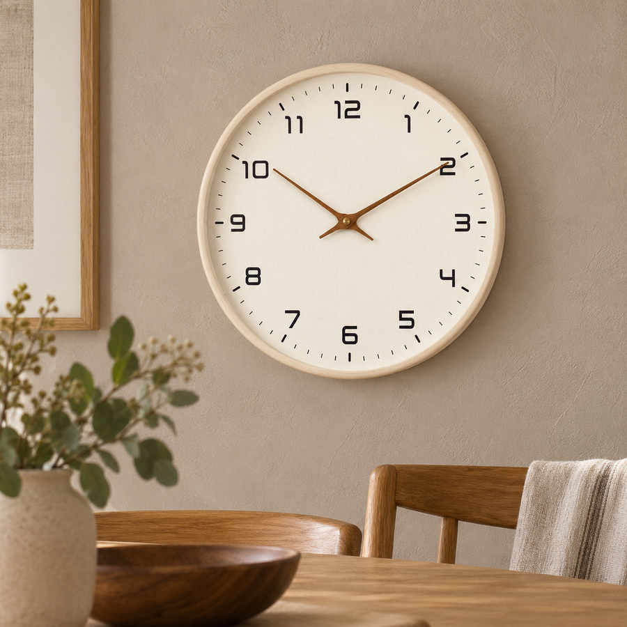 Silent Wooden Wall Clock with Clear Numerals – 25 or 30 cm in a warm modern interior