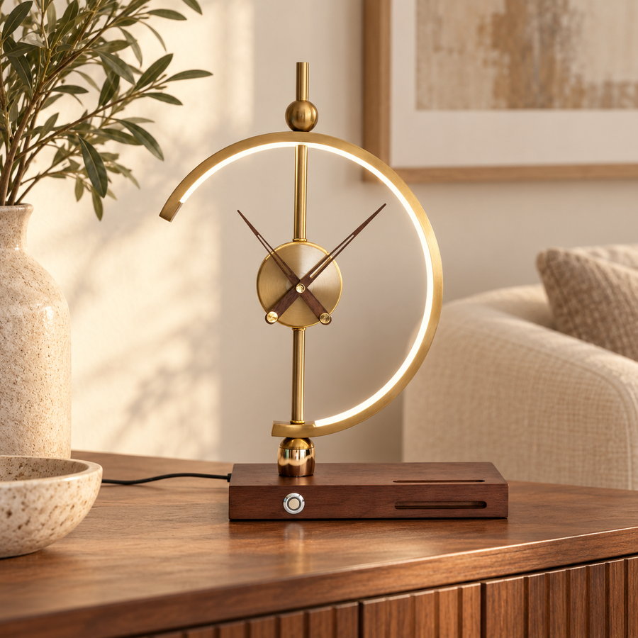 LED Desk Clock Lamp with Touch Dimmer and Phone Stand in a warm modern interior