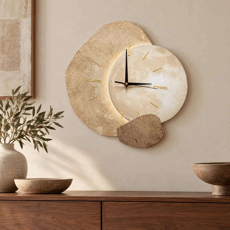 Organic Luminous Wall Clock with Textured Face – 40 cm in a warm modern interior