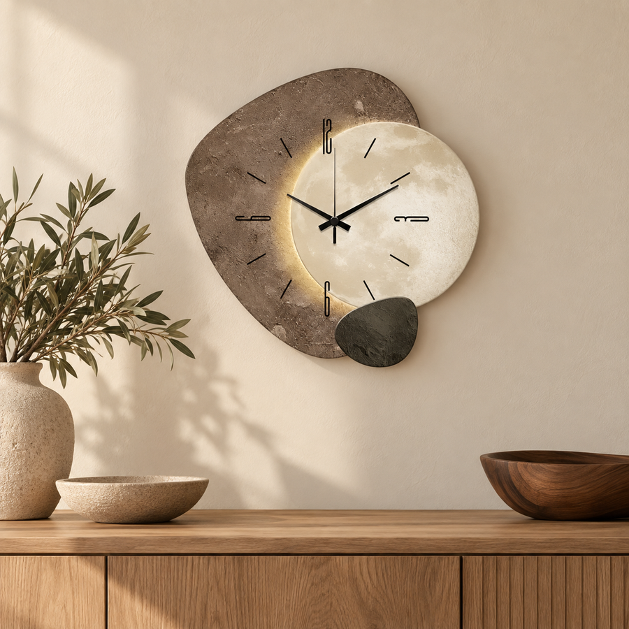 Moon-Inspired Wall Clock – 40 or 60 cm, Optional LED Light in a warm modern interior