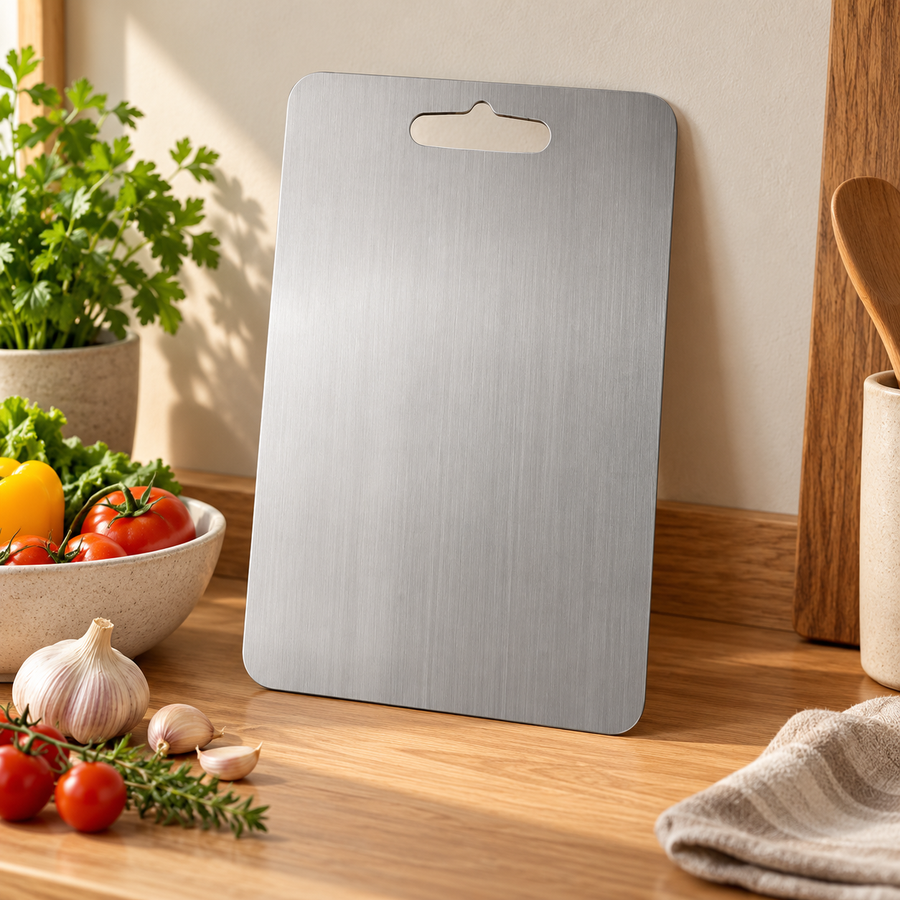 Stainless Steel Cutting Board with Handle – 3 Sizes in a warm modern interior