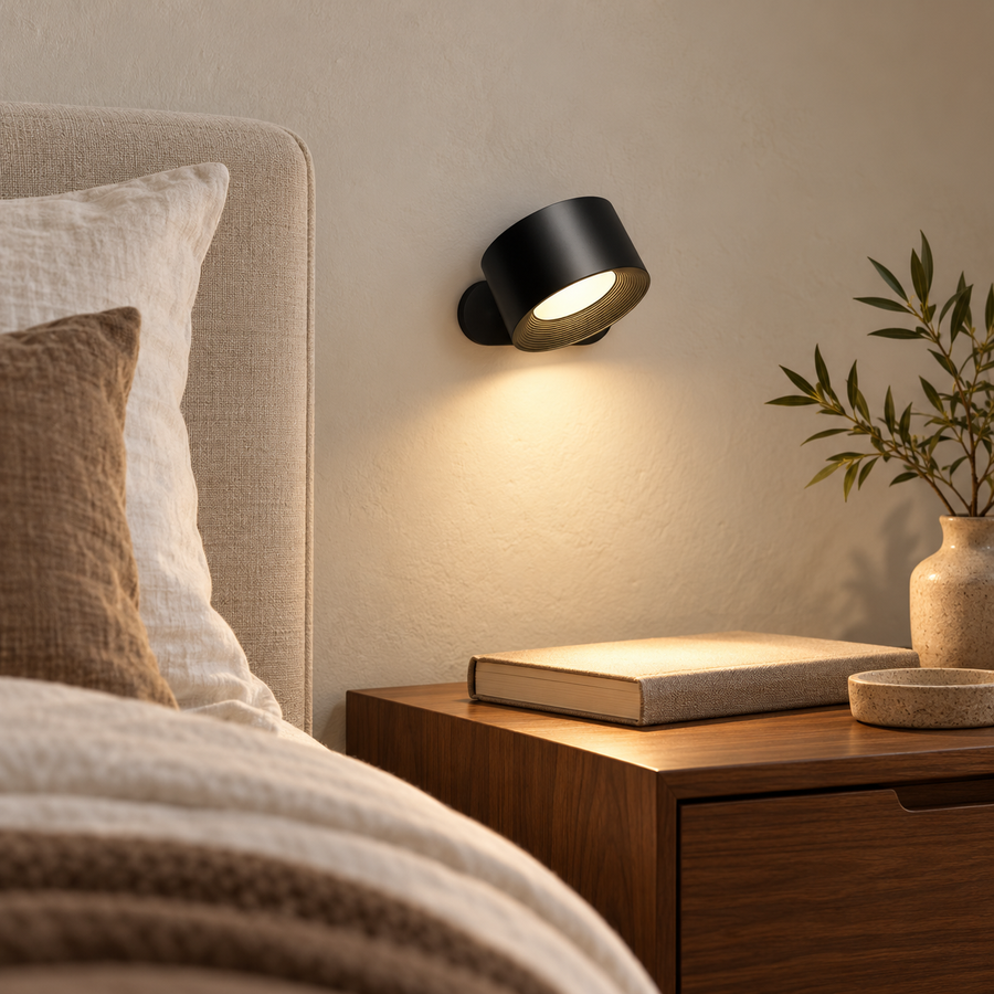 Black rechargeable magnetic wall light illuminating a modern bedside table
