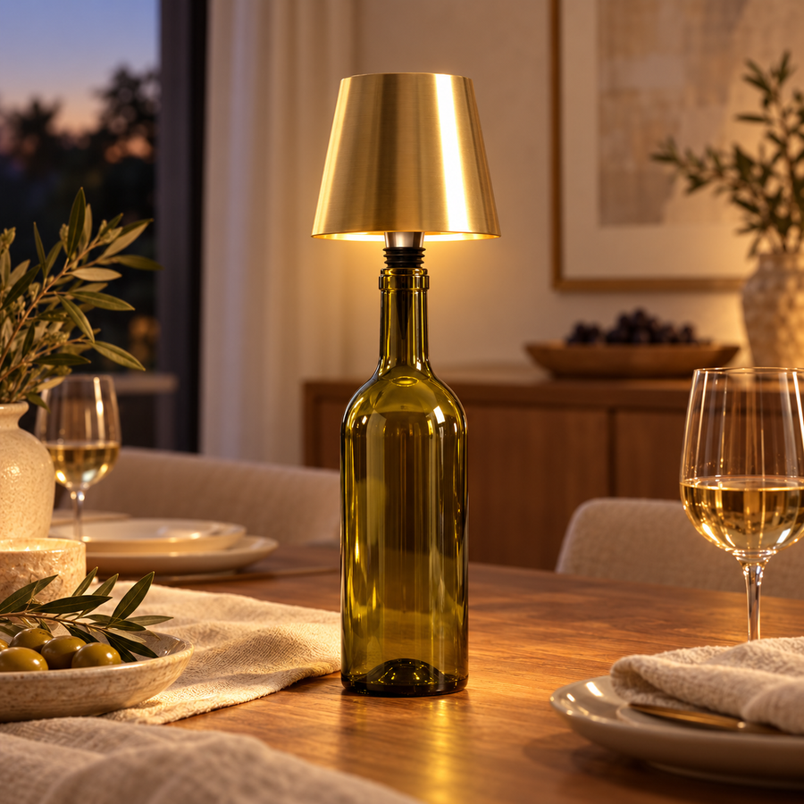 Gold rechargeable bottle lamp top glowing on a glass bottle in a modern dining room