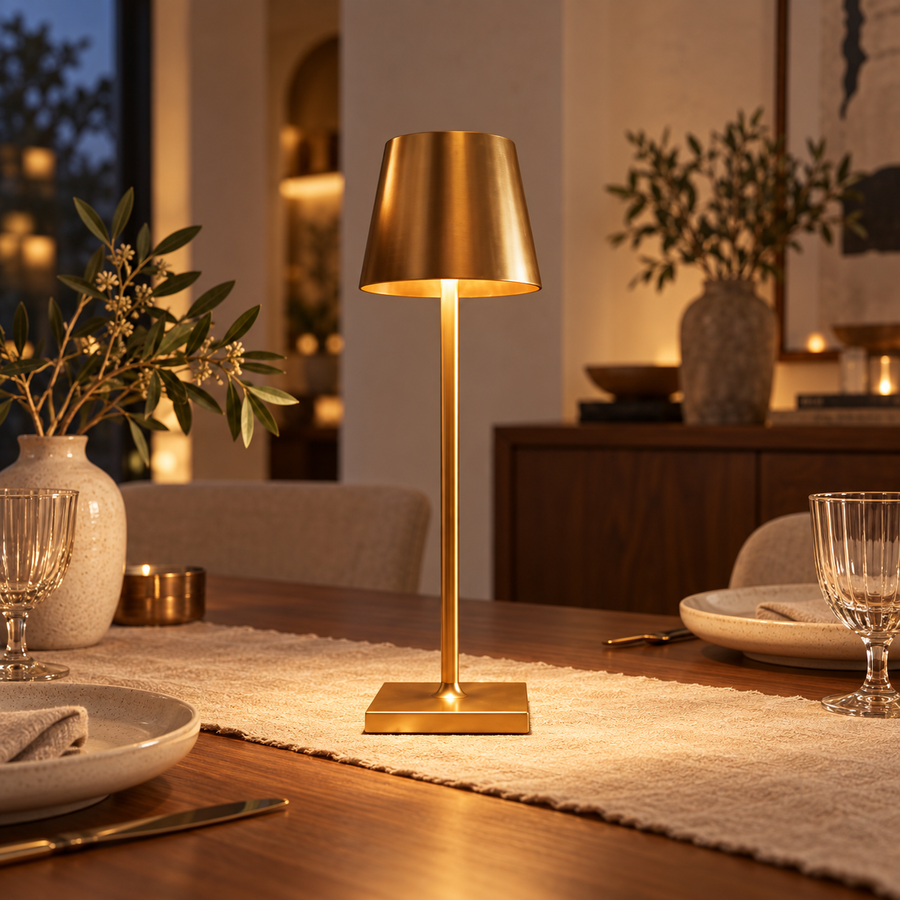 Gold rechargeable dimmable table lamp illuminating a warm modern dining room