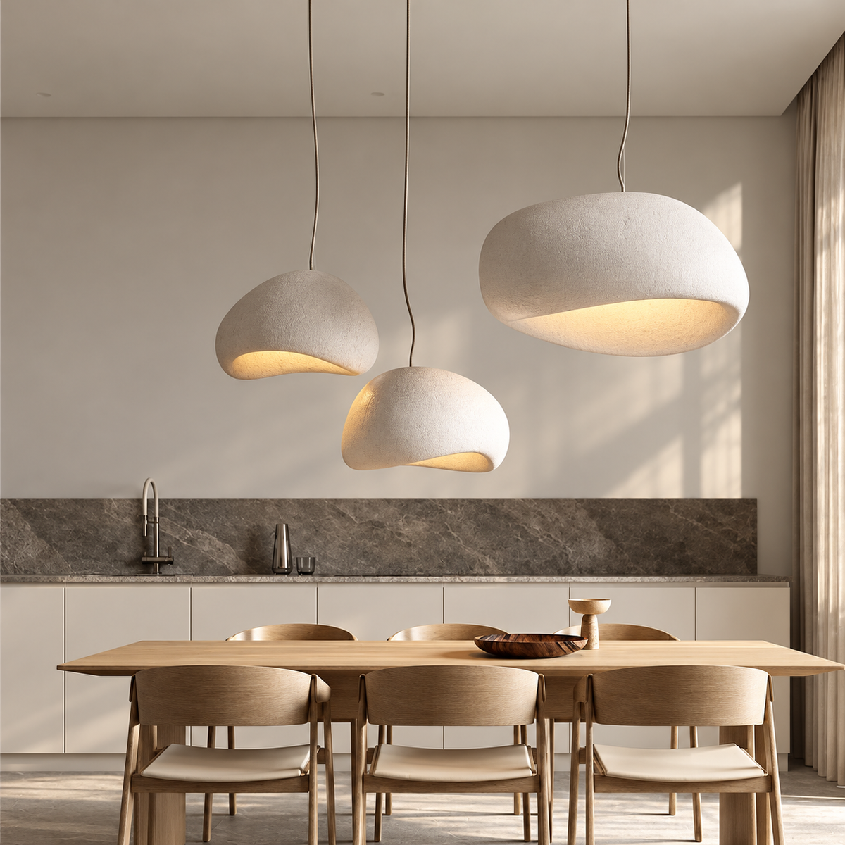 White organic pendant lights over a neutral dining table